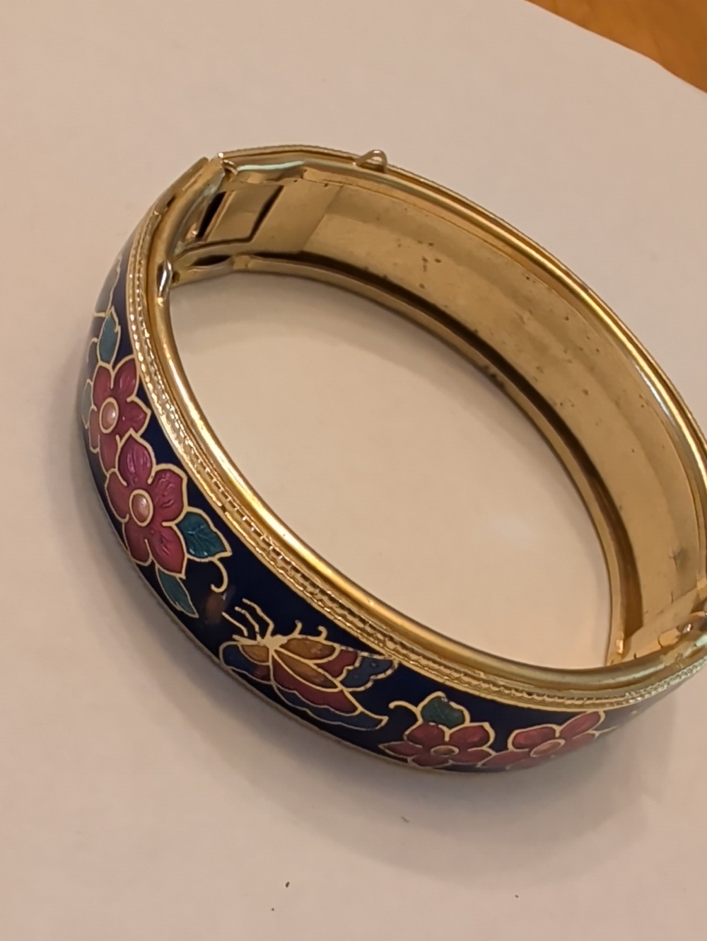 Vintage Gold-Tone Blue Enamel Floral Cloisonné Bracelet